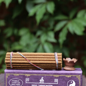 Zestaw kadzideł ajurwedyjskich - grube kadzidła, podstawka i fioletowe opakowanie kadzideł, leżą na stole na tle zieleni