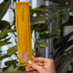 Osoba trzymająca w ręku kadzidełka Yoga w żółtym opakowaniu z papieru czerpanego na tle roślin