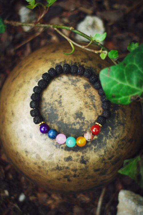 Buddyjska mala, bransoletka do medytacji z czarnych koralików rudrakszy i kamieniami półszlachetnymi symbolizującymi czakry, handmade w Nepalu