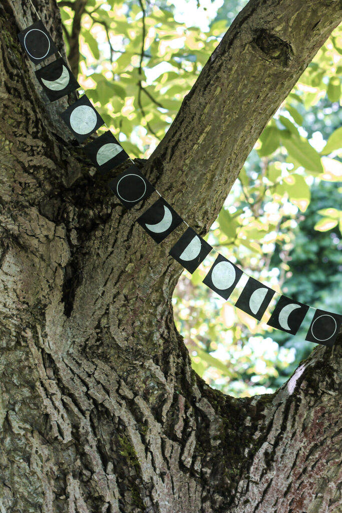 Girlanda z fazami księżyca zawieszona na drzewie