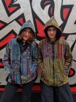 Polarowa kurtka w grzybki - niebieski patchwork