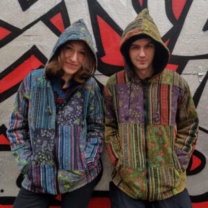 Polarowa kurtka w grzybki - niebieski patchwork