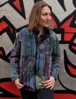 Polarowa kurtka w grzybki - niebieski patchwork