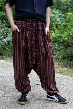 Mężczyzna w czarnej koszuli i bordowo-czerwonych szarawarach w paski stojący na ścieżce w parku