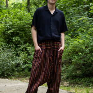 Mężczyzna w czarnej koszuli i bordowo-czerwonych szarawarach w paski stojący na ścieżce w parku