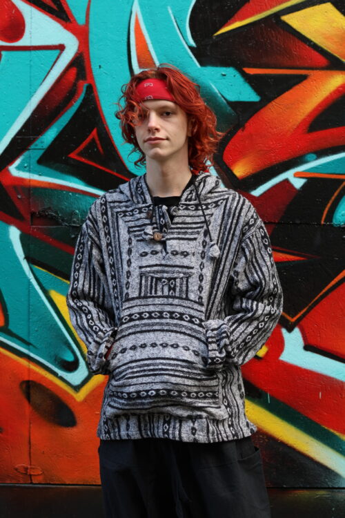 Bluza gheri Bluza z bawełny gheri, ręćznie robiona w Nepalu, szara w paski i etniczne wzory, Kana Sapiens