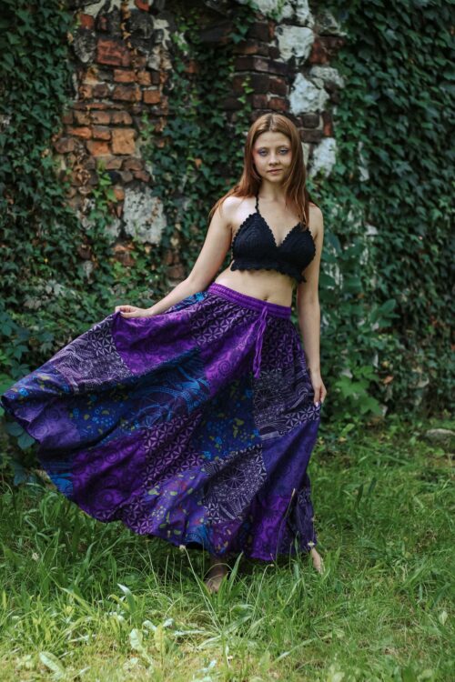 Patchworkowa spódnica Patchworkowa psychodeliczna spódnica do ziemi, wzory w grzybki, fioletowa, Kana Sapiens