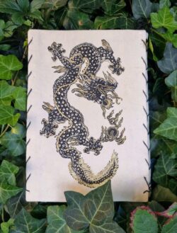 Lampion z papieru czerpanego Lokta, z buddyjskimi symbolami i motywami, złoty smok, handmade w Nepalu