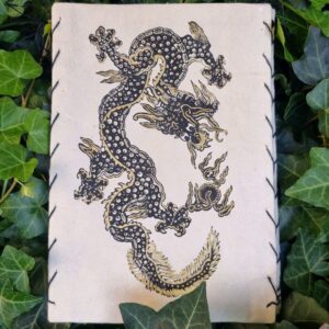 Lampion z papieru czerpanego Lokta, z buddyjskimi symbolami i motywami, złoty smok, handmade w Nepalu