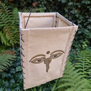 Lampion z papieru czerpanego Lokta, z buddyjskimi symbolami i motywami, złote oczy Buddy, handmade w Nepalu