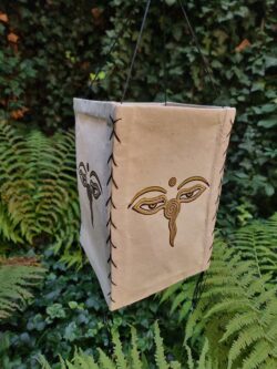 Lampion z papieru czerpanego Lokta, z buddyjskimi symbolami i motywami, złote oczy Buddy, handmade w Nepalu
