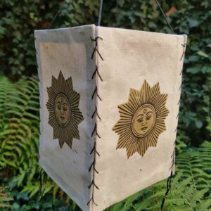 Lampion z papieru czerpanego Lokta, z buddyjskimi symbolami i motywami, złote słońce, handmade w Nepalu