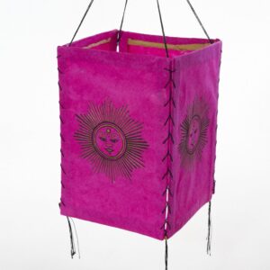 Lampion z papieru czerpanego Lokta, różowy,z buddyjskimi i hinduistycznym motywami, złote słońce handmade w Nepalu