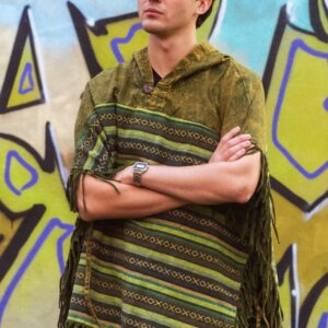 Zielone poncho w paski, wykonane ręcznie w Nepalu z bawełny gheri, etno, Kana Sapiens