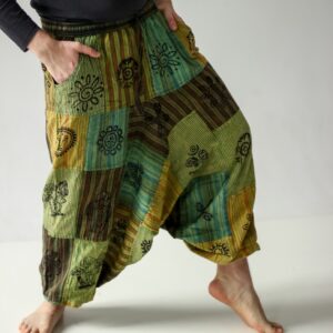 Szarawary patchworkowe z niskim krokiem