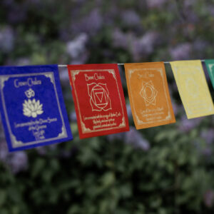 Kolorowa girlanda z symbolami czakr i afirmacjami zawieszona wśrod bzów.