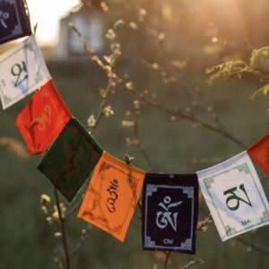 Kolorowa girlanda z mantrą Om Mani Padme Hum zawieszona na drzewach