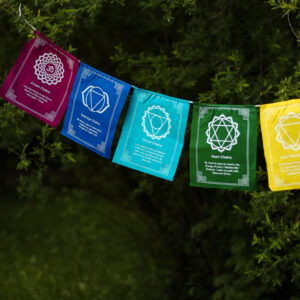 Kolorowa materiałowa girlanda z symbolami czakr i afirmacjami przypisanymi czakrom rozwieszona wśród drzew.