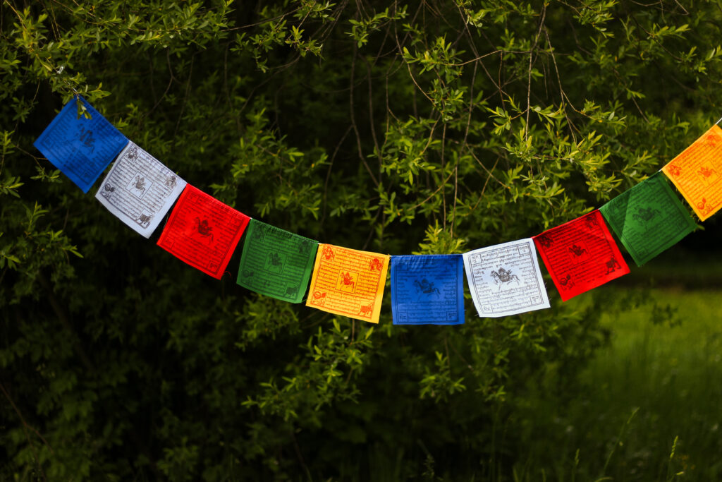 Tybetańskie flagi modlitewne Lungta rozwieszone wśród drzew.
