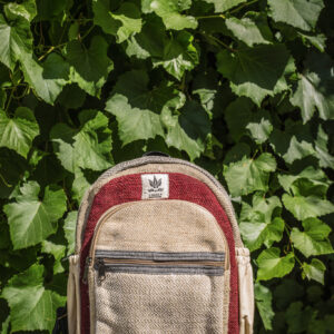 Osoba trzyma kolorowy etno plecak na tle bluszczu